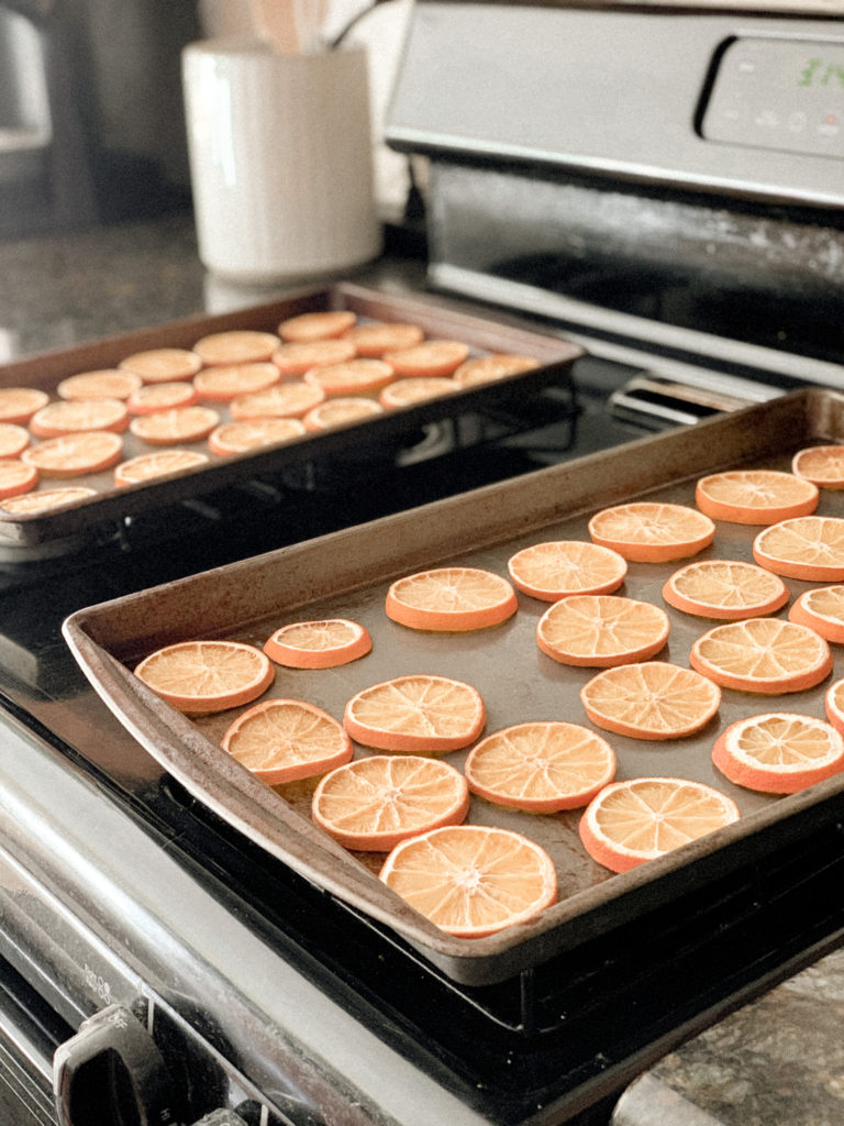 Close up of dried, fully baked orange slices. 